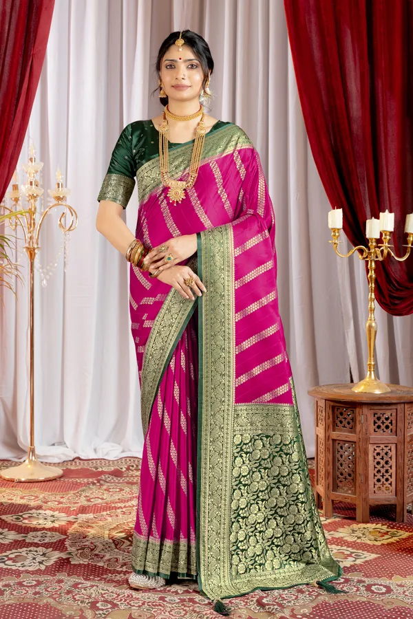 Banarasi_Pure_Satin_Silk_sarees_with_Beautiful_Elephant_in_Contrast_Green-Rani_Shades_With_Attractive_Weaving_Gold_Zari_Design_And_Contrast_Blouse_With_Tassels
