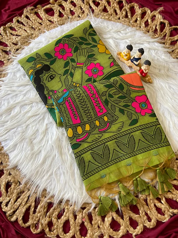 Premium_Soft_Muga_Cotton_sarees_with_Beautiful_?Colourfull_Resham_Weaving_Kalamkari_Design_Pallu_With_Attractive_All_Over_Resham_Weaving_Matka_Design_With_Resham_Weaving_Border_And_Resham_Weaving_Butti_Design_Blouse_With_Fancy_Tassels