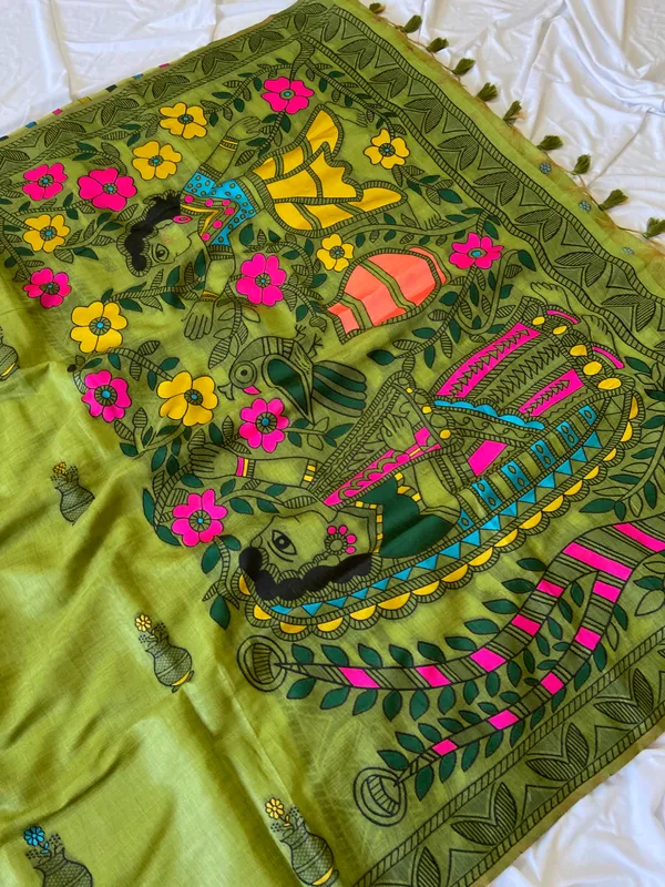 Premium_Soft_Muga_Cotton_sarees_with_Beautiful_?Colourfull_Resham_Weaving_Kalamkari_Design_Pallu_With_Attractive_All_Over_Resham_Weaving_Matka_Design_With_Resham_Weaving_Border_And_Resham_Weaving_Butti_Design_Blouse_With_Fancy_Tassels