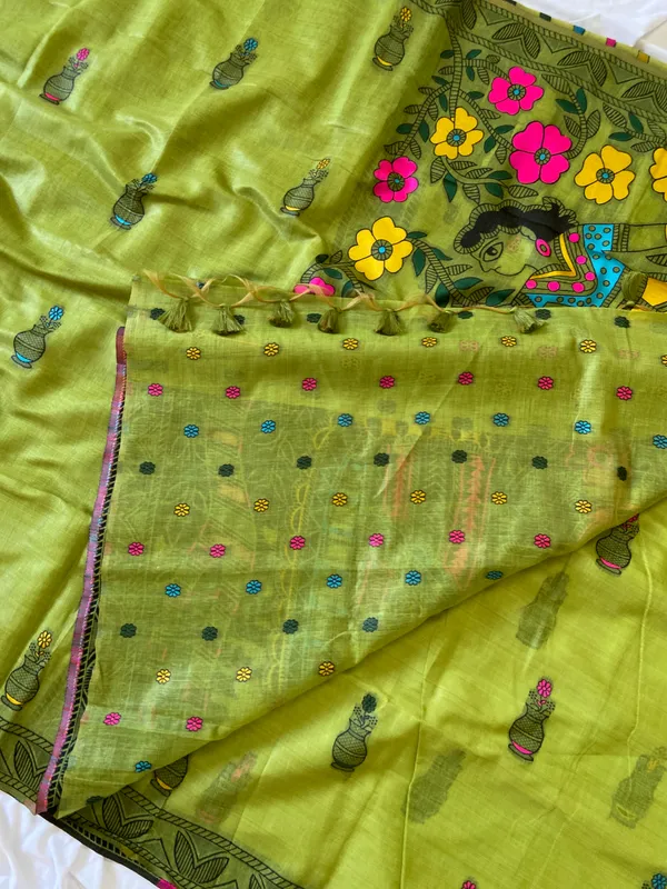 Premium_Soft_Muga_Cotton_sarees_with_Beautiful_?Colourfull_Resham_Weaving_Kalamkari_Design_Pallu_With_Attractive_All_Over_Resham_Weaving_Matka_Design_With_Resham_Weaving_Border_And_Resham_Weaving_Butti_Design_Blouse_With_Fancy_Tassels