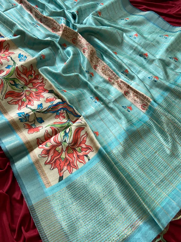 Soft_Semi_Tussar_Silk_sarees_with_Beautiful_Digital_Print_With_Attractive_Border_And_Contrast_Print_Blouse_With_Tassels