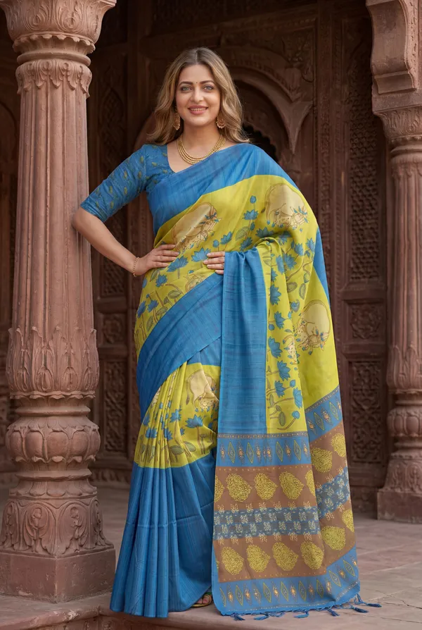 Soft_Desi_Tussar_Silk_sarees_with_Beautiful_Digital_Print_With_Attractive_Border_And_Contrast_Print_Blouse_With_Tassels