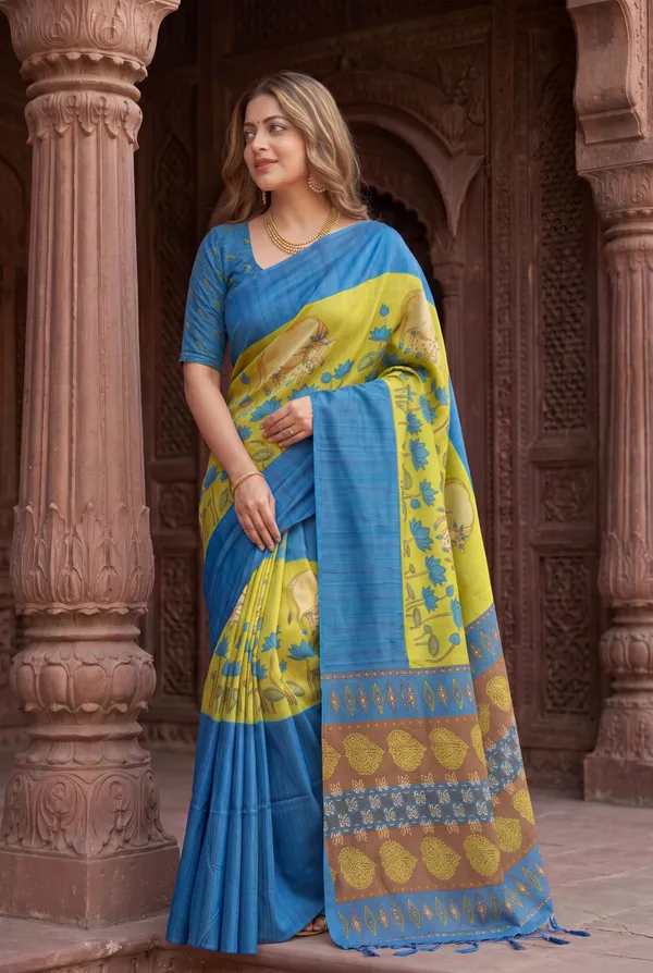 Soft_Desi_Tussar_Silk_sarees_with_Beautiful_Digital_Print_With_Attractive_Border_And_Contrast_Print_Blouse_With_Tassels