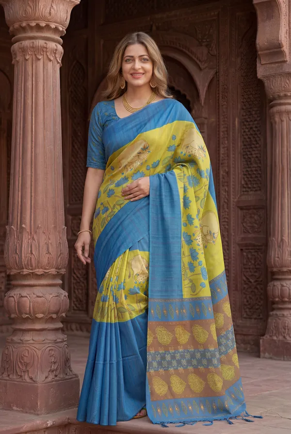 Soft_Desi_Tussar_Silk_sarees_with_Beautiful_Digital_Print_With_Attractive_Border_And_Contrast_Print_Blouse_With_Tassels