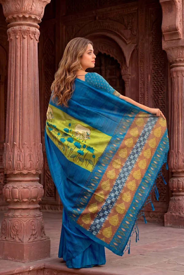 Soft_Desi_Tussar_Silk_sarees_with_Beautiful_Digital_Print_With_Attractive_Border_And_Contrast_Print_Blouse_With_Tassels
