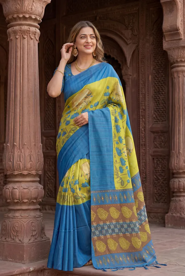 Soft_Desi_Tussar_Silk_sarees_with_Beautiful_Digital_Print_With_Attractive_Border_And_Contrast_Print_Blouse_With_Tassels