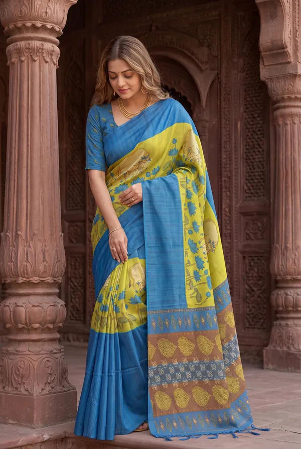 Soft_Desi_Tussar_Silk_sarees_with_Beautiful_Digital_Print_With_Attractive_Border_And_Contrast_Print_Blouse_With_Tassels