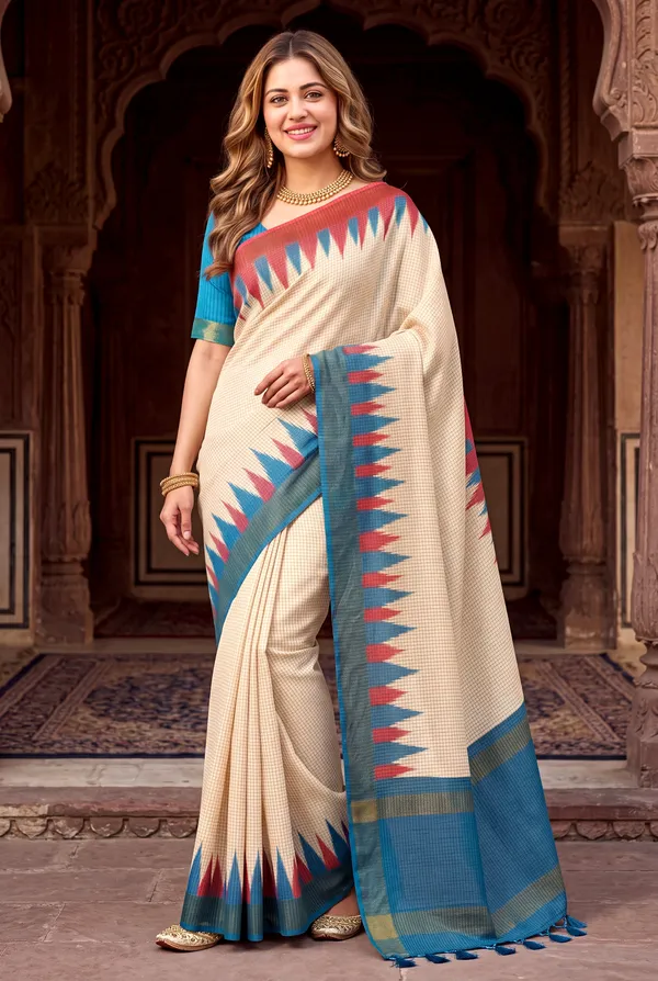 Soft_Tussar_Silk_sarees_with_Beautiful_Digital_Print_With_Attractive_Checks_Design_Saree_And_Digital_Print_Blouse_With_Tassels