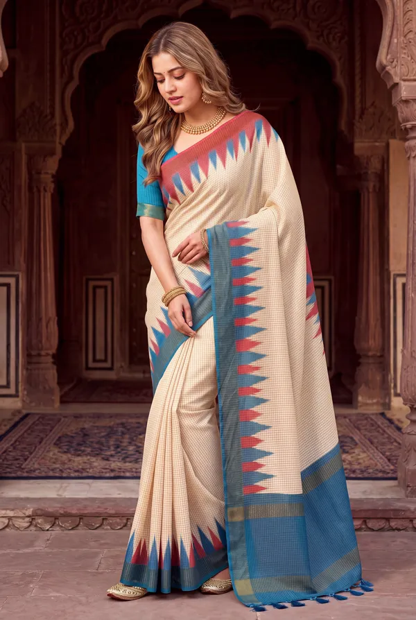 Soft_Tussar_Silk_sarees_with_Beautiful_Digital_Print_With_Attractive_Checks_Design_Saree_And_Digital_Print_Blouse_With_Tassels