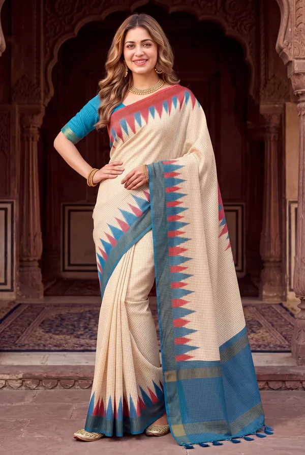 Soft_Tussar_Silk_sarees_with_Beautiful_Digital_Print_With_Attractive_Checks_Design_Saree_And_Digital_Print_Blouse_With_Tassels