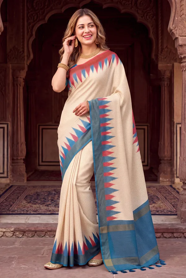 Soft_Tussar_Silk_sarees_with_Beautiful_Digital_Print_With_Attractive_Checks_Design_Saree_And_Digital_Print_Blouse_With_Tassels