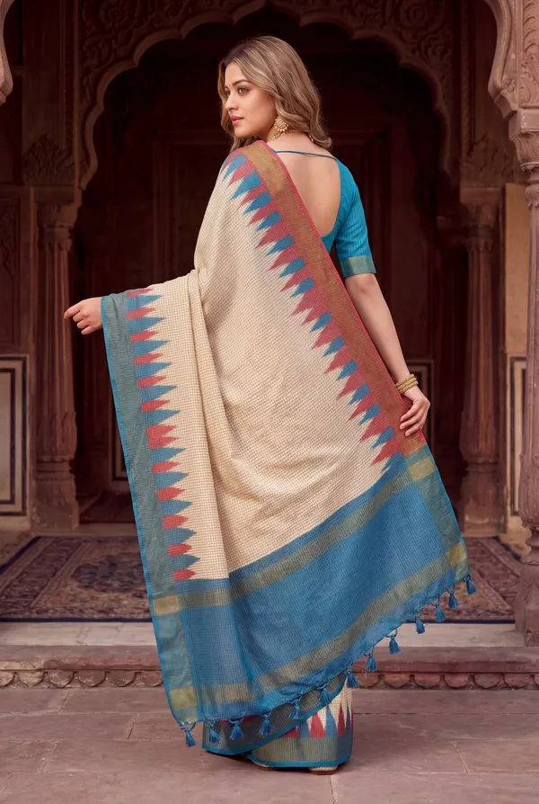 Soft_Tussar_Silk_sarees_with_Beautiful_Digital_Print_With_Attractive_Checks_Design_Saree_And_Digital_Print_Blouse_With_Tassels