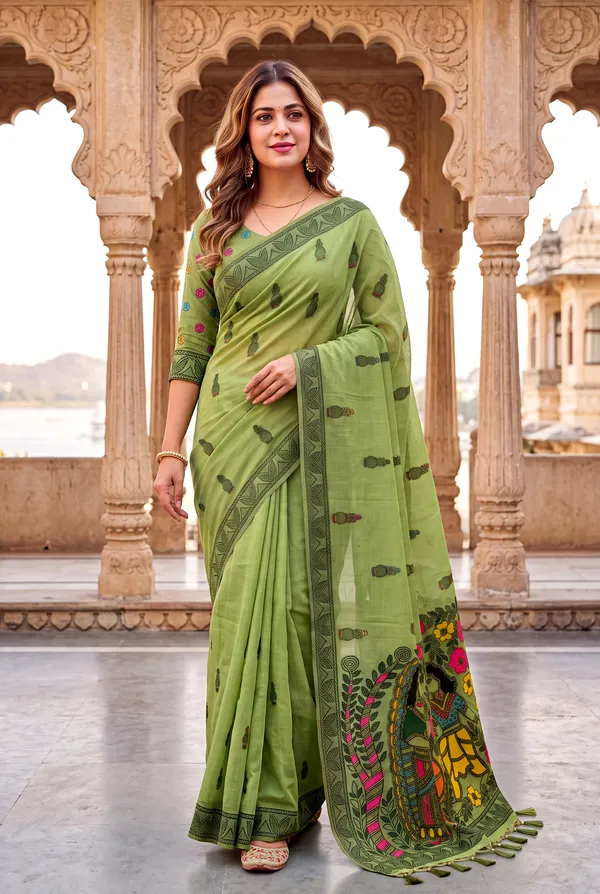 Premium_Soft_Muga_Cotton_sarees_with_Beautiful_?Colourfull_Resham_Weaving_Kalamkari_Design_Pallu_With_Attractive_All_Over_Resham_Weaving_Matka_Design_With_Resham_Weaving_Border_And_Resham_Weaving_Butti_Design_Blouse_With_Fancy_Tassels