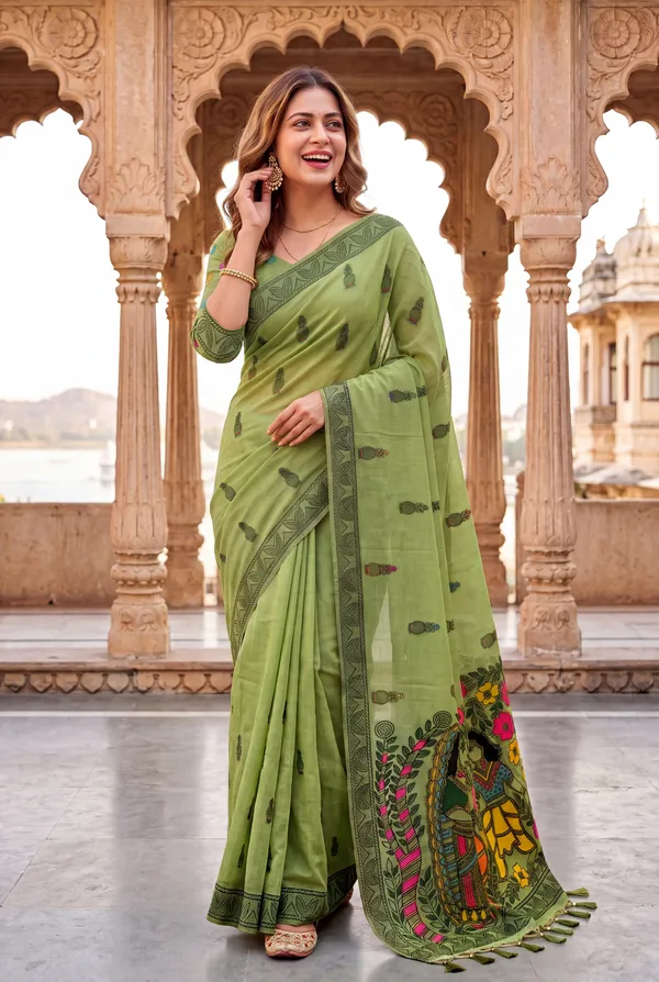Premium_Soft_Muga_Cotton_sarees_with_Beautiful_?Colourfull_Resham_Weaving_Kalamkari_Design_Pallu_With_Attractive_All_Over_Resham_Weaving_Matka_Design_With_Resham_Weaving_Border_And_Resham_Weaving_Butti_Design_Blouse_With_Fancy_Tassels