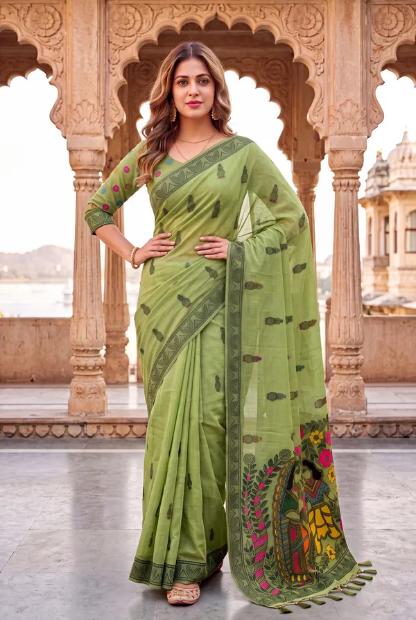 Premium_Soft_Muga_Cotton_sarees_with_Beautiful_?Colourfull_Resham_Weaving_Kalamkari_Design_Pallu_With_Attractive_All_Over_Resham_Weaving_Matka_Design_With_Resham_Weaving_Border_And_Resham_Weaving_Butti_Design_Blouse_With_Fancy_Tassels