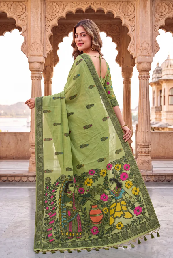 Premium_Soft_Muga_Cotton_sarees_with_Beautiful_?Colourfull_Resham_Weaving_Kalamkari_Design_Pallu_With_Attractive_All_Over_Resham_Weaving_Matka_Design_With_Resham_Weaving_Border_And_Resham_Weaving_Butti_Design_Blouse_With_Fancy_Tassels