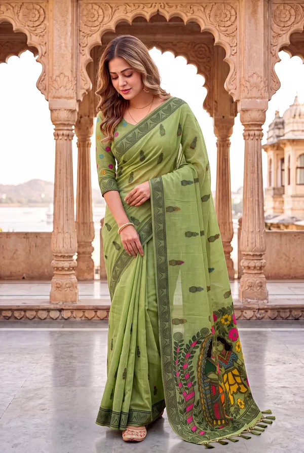 Premium_Soft_Muga_Cotton_sarees_with_Beautiful_?Colourfull_Resham_Weaving_Kalamkari_Design_Pallu_With_Attractive_All_Over_Resham_Weaving_Matka_Design_With_Resham_Weaving_Border_And_Resham_Weaving_Butti_Design_Blouse_With_Fancy_Tassels