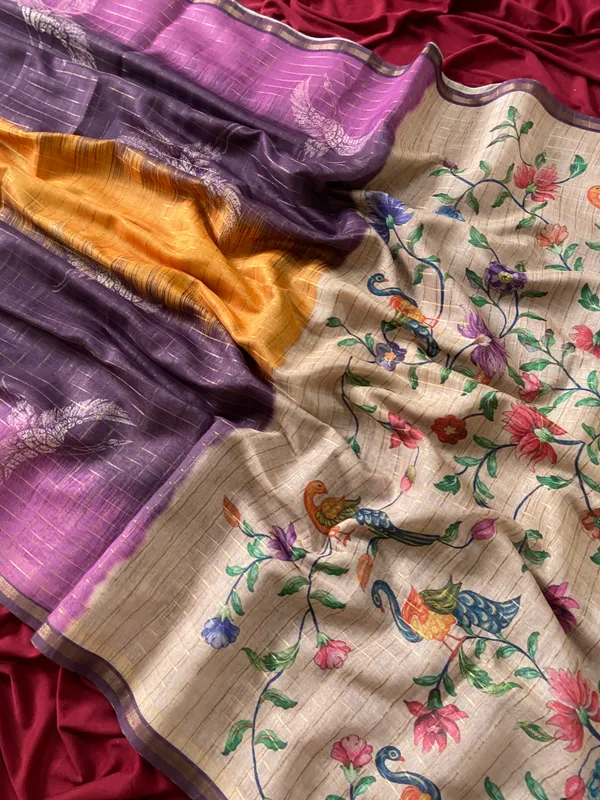 Soft_Tussar_Silk_sarees_with_Beautiful_Style_Of_Kalamkari_Digital_Print_With_Attractive_Border_And_Contrast_Print_Blouse_With_Tassels