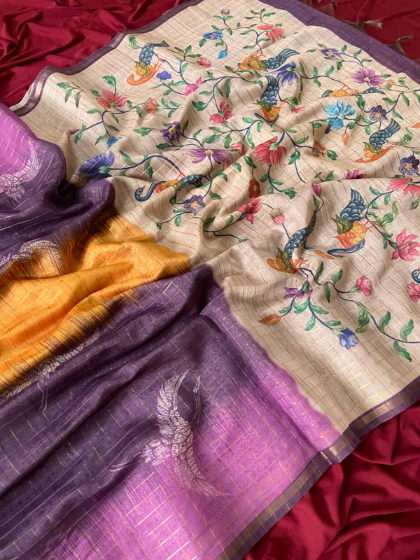 Soft_Tussar_Silk_sarees_with_Beautiful_Style_Of_Kalamkari_Digital_Print_With_Attractive_Border_And_Contrast_Print_Blouse_With_Tassels