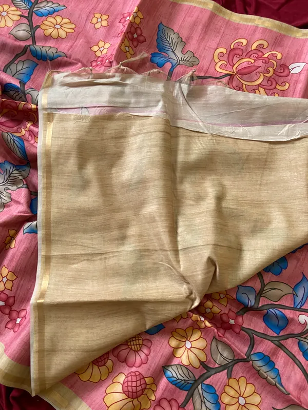 Soft_Tussar_Silk_sarees_with_Beautiful_Srikalahasti_Style_Of_Kalamkari_Print_With_Attractive_Border_And_Contrast_Print_Blouse_With_Tassels