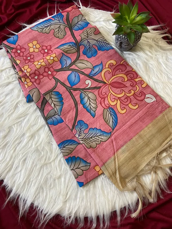 Soft_Tussar_Silk_sarees_with_Beautiful_Srikalahasti_Style_Of_Kalamkari_Print_With_Attractive_Border_And_Contrast_Print_Blouse_With_Tassels