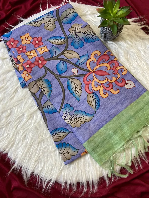 Soft_Tussar_Silk_sarees_with_Beautiful_Srikalahasti_Style_Of_Kalamkari_Print_With_Attractive_Border_And_Contrast_Print_Blouse_With_Tassels