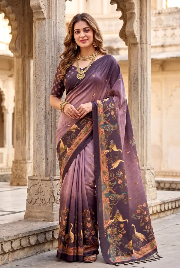 Soft_Tussar_Silk_sarees_with_Beautiful_Digital_Print_With_Attractive_Jungle_Theme_Design_And_Digital_Print_Blouse_With_Tassels