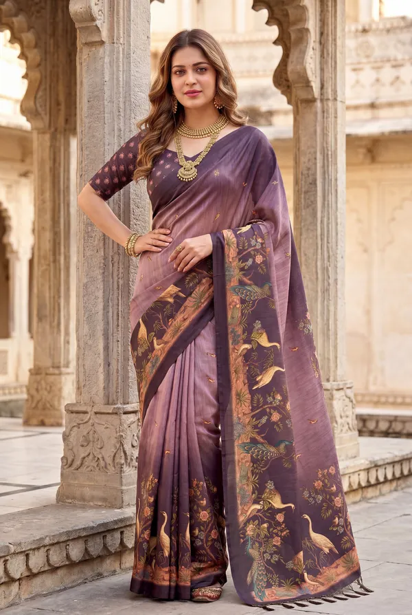 Soft_Tussar_Silk_sarees_with_Beautiful_Digital_Print_With_Attractive_Jungle_Theme_Design_And_Digital_Print_Blouse_With_Tassels
