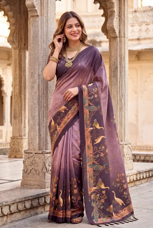 Soft_Tussar_Silk_sarees_with_Beautiful_Digital_Print_With_Attractive_Jungle_Theme_Design_And_Digital_Print_Blouse_With_Tassels