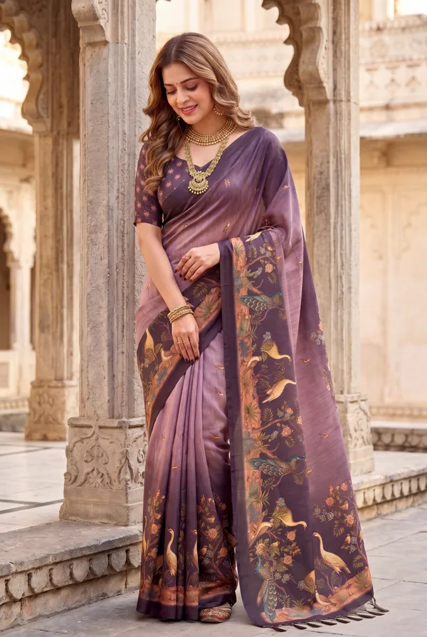 Soft_Tussar_Silk_sarees_with_Beautiful_Digital_Print_With_Attractive_Jungle_Theme_Design_And_Digital_Print_Blouse_With_Tassels