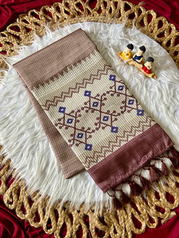 Soft_Tussar_Silk_sarees_with_Beautiful_Digital_Print_With_Attractive_Checks_Design_Saree_And_Digital_Print_Blouse_With_Tassels