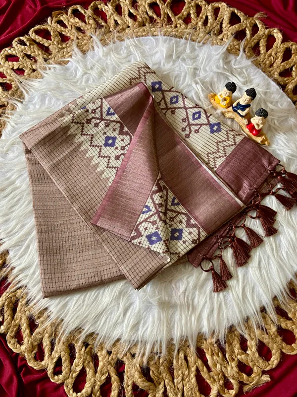 Soft_Tussar_Silk_sarees_with_Beautiful_Digital_Print_With_Attractive_Checks_Design_Saree_And_Digital_Print_Blouse_With_Tassels