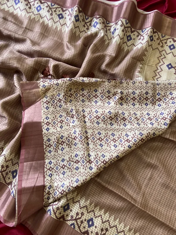 Soft_Tussar_Silk_sarees_with_Beautiful_Digital_Print_With_Attractive_Checks_Design_Saree_And_Digital_Print_Blouse_With_Tassels