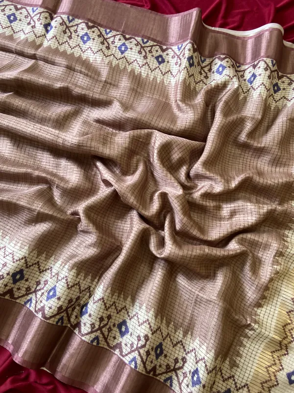 Soft_Tussar_Silk_sarees_with_Beautiful_Digital_Print_With_Attractive_Checks_Design_Saree_And_Digital_Print_Blouse_With_Tassels