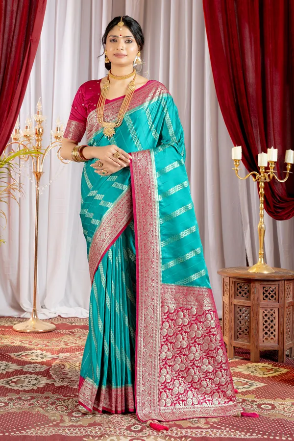 Banarasi_Pure_Satin_Silk_sarees_with_Beautiful_Elephant_in_Contrast_Pink-Rama_Shades_With_Attractive_Weaving_Gold_Zari_Design_And_Contrast_Blouse_With_Tassels