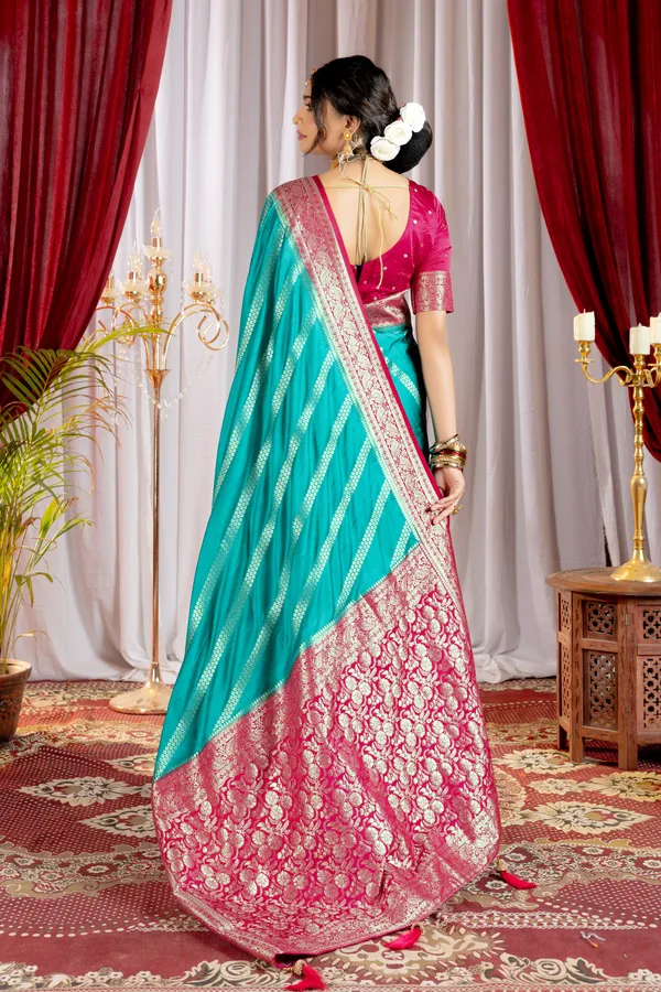 Banarasi_Pure_Satin_Silk_sarees_with_Beautiful_Elephant_in_Contrast_Pink-Rama_Shades_With_Attractive_Weaving_Gold_Zari_Design_And_Contrast_Blouse_With_Tassels
