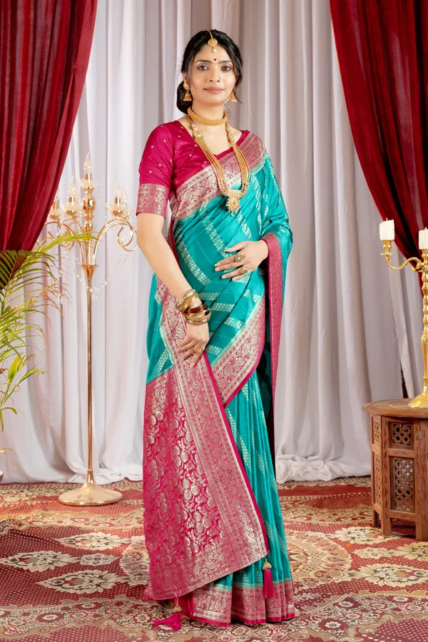 Banarasi_Pure_Satin_Silk_sarees_with_Beautiful_Elephant_in_Contrast_Pink-Rama_Shades_With_Attractive_Weaving_Gold_Zari_Design_And_Contrast_Blouse_With_Tassels