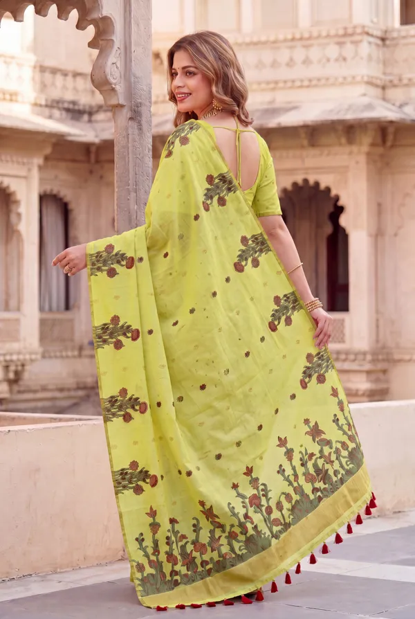 Premium_Soft_Muga_Cotton_sarees_with_Beautiful_Colourfull_Resham_Weaving__Flower_Design_Pallu_With_Attractive_Traditional_Zari_Weaving__With_All_Over__Resham_Weaving__And_Resham_Weaving_Butti_Blouse_With_Fancy_Tassels