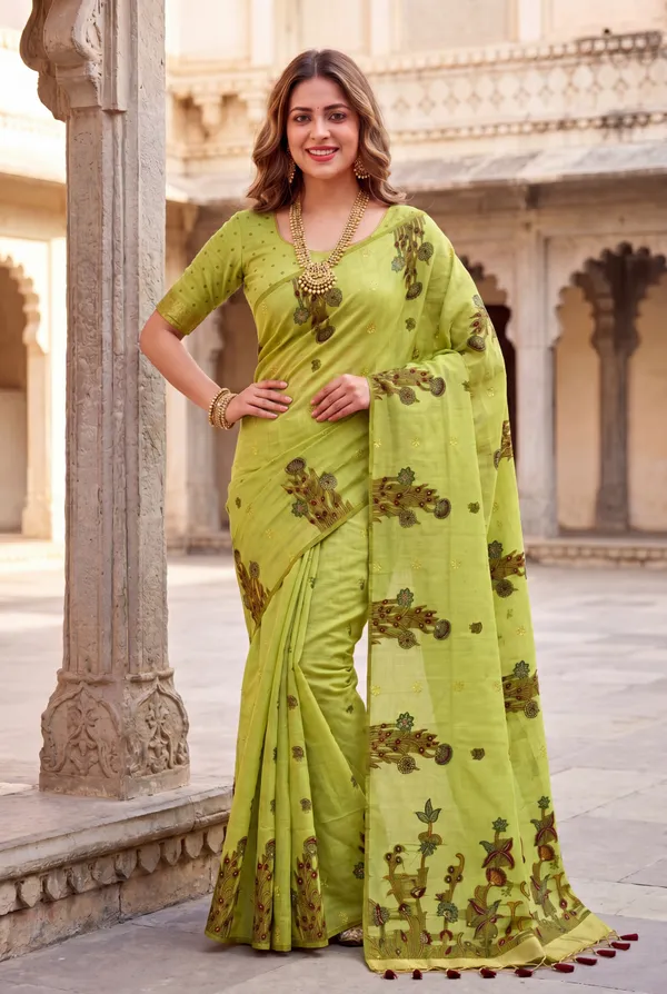 Premium_Soft_Muga_Cotton_sarees_with_Beautiful_Colourfull_Resham_Weaving__Flower_Design_Pallu_With_Attractive_Traditional_Zari_Weaving__With_All_Over__Resham_Weaving__And_Resham_Weaving_Butti_Blouse_With_Fancy_Tassels
