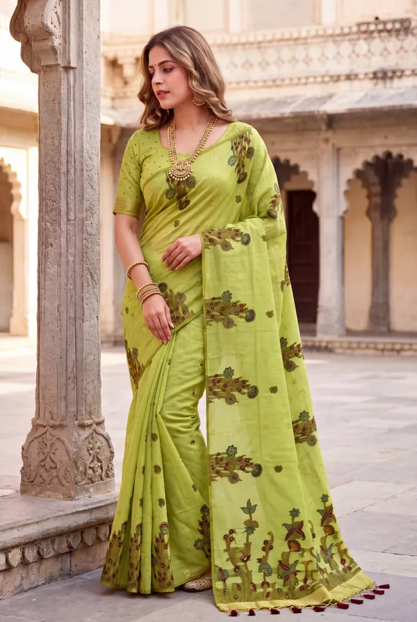 Premium_Soft_Muga_Cotton_sarees_with_Beautiful_Colourfull_Resham_Weaving__Flower_Design_Pallu_With_Attractive_Traditional_Zari_Weaving__With_All_Over__Resham_Weaving__And_Resham_Weaving_Butti_Blouse_With_Fancy_Tassels