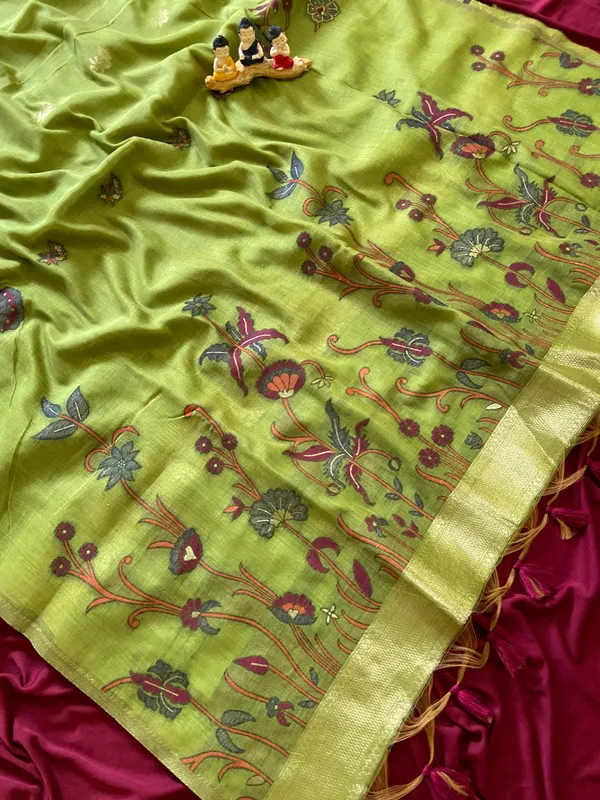 Premium_Soft_Muga_Cotton_sarees_with_Beautiful_Colourfull_Resham_Weaving__Flower_Design_Pallu_With_Attractive_Traditional_Zari_Weaving__With_All_Over__Resham_Weaving__And_Resham_Weaving_Butti_Blouse_With_Fancy_Tassels