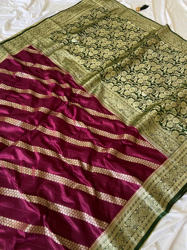 Banarasi_Pure_Satin_Silk_sarees_with_Beautiful_Elephant_in_Contrast_Green-Wine_Shades_With_Attractive_Weaving_Gold_Zari_Design_And_Contrast_Blouse_With_Tassels