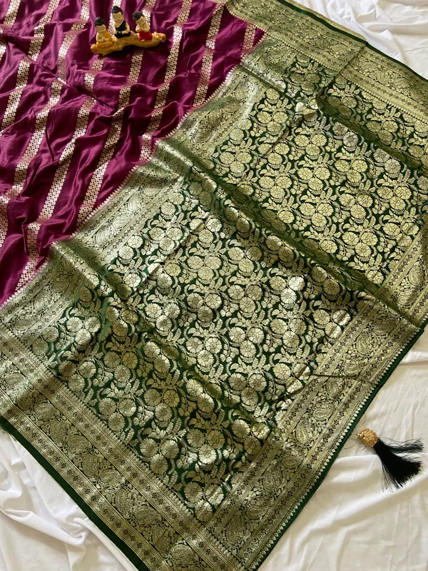 Banarasi_Pure_Satin_Silk_sarees_with_Beautiful_Elephant_in_Contrast_Green-Wine_Shades_With_Attractive_Weaving_Gold_Zari_Design_And_Contrast_Blouse_With_Tassels