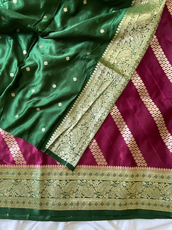 Banarasi_Pure_Satin_Silk_sarees_with_Beautiful_Elephant_in_Contrast_Green-Wine_Shades_With_Attractive_Weaving_Gold_Zari_Design_And_Contrast_Blouse_With_Tassels