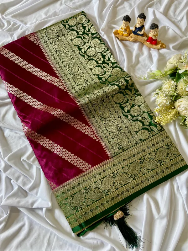 Banarasi_Pure_Satin_Silk_sarees_with_Beautiful_Elephant_in_Contrast_Green-Wine_Shades_With_Attractive_Weaving_Gold_Zari_Design_And_Contrast_Blouse_With_Tassels
