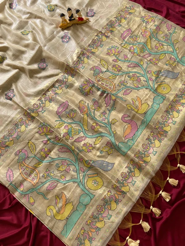 Premium_Soft_Muga_Cotton_Paithani_sarees_with_Beautiful_Weaving_Design_Featuring_Jungle_Theme_And_Swan_Motifs_Pallu_With_Attractive_All_Over_Resham_Weaving_Butti_Design_And_Resham_Weaving_Butti_Blouse_With_Fancy_Tassels