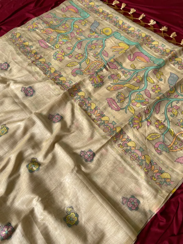 Premium_Soft_Muga_Cotton_Paithani_sarees_with_Beautiful_Weaving_Design_Featuring_Jungle_Theme_And_Swan_Motifs_Pallu_With_Attractive_All_Over_Resham_Weaving_Butti_Design_And_Resham_Weaving_Butti_Blouse_With_Fancy_Tassels