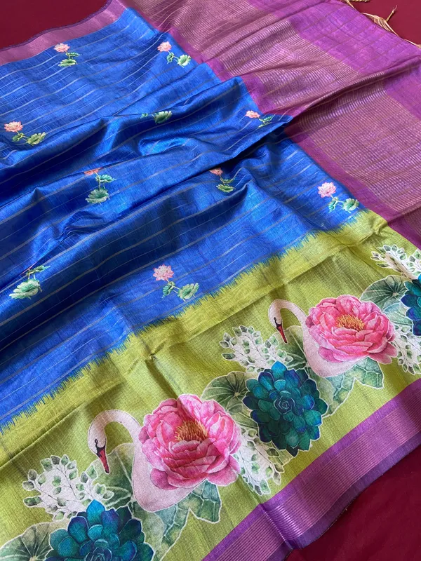 Soft_Semi_Tussar_Silk_sarees_with_Beautiful_Digital_Print_With_Attractive_Border_And_Contrast_Print_Blouse_With_Tassels