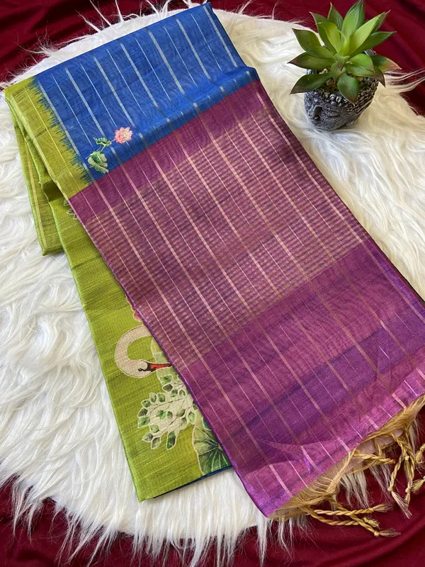 Soft_Semi_Tussar_Silk_sarees_with_Beautiful_Digital_Print_With_Attractive_Border_And_Contrast_Print_Blouse_With_Tassels