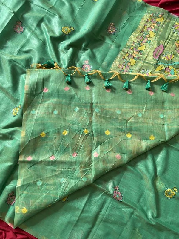Premium_Soft_Muga_Cotton_Paithani_sarees_with_Beautiful_Weaving_Design_Featuring_Jungle_Theme_And_Swan_Motifs_Pallu_With_Attractive_All_Over_Resham_Weaving_Butti_Design_And_Resham_Weaving_Butti_Blouse_With_Fancy_Tassels